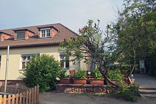 Außengelände Kita Feldhäuschen mit Blick aufs Kitagebäude