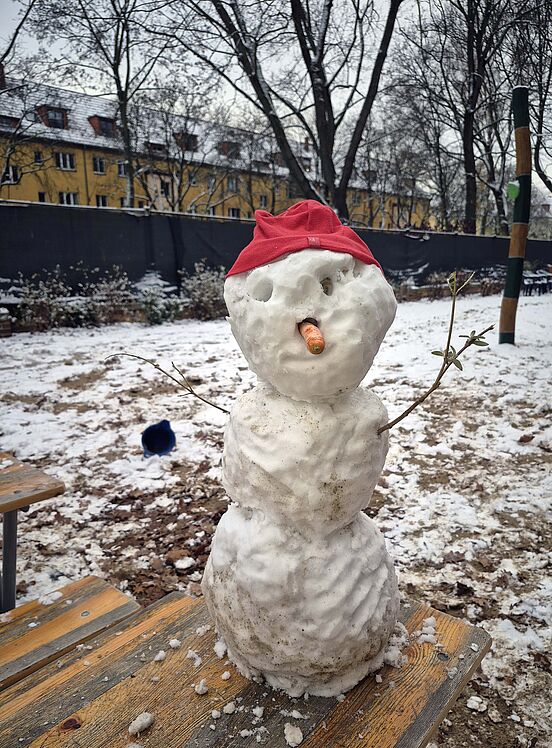 Schneemann mit roter Mütze und Karotten-Nase