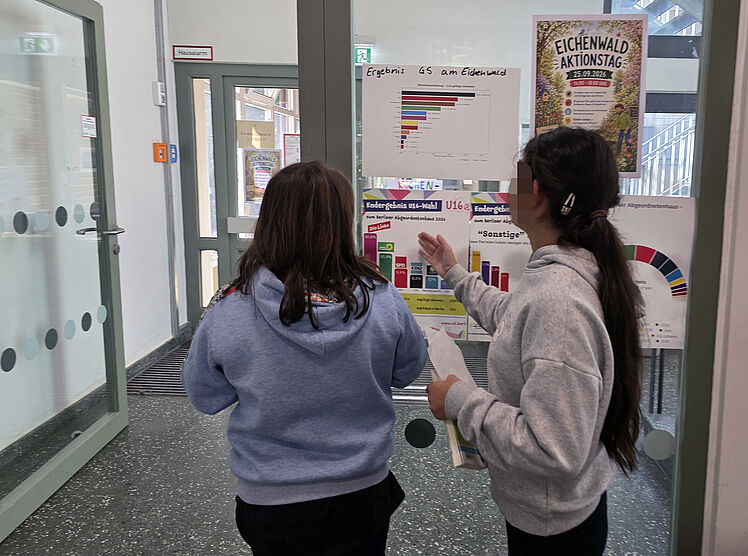Zwei Schülerinnen stehen vor den Aushängen mit den Ergebnissen der U 16-Wahl an ihrer Schule und berlinweit.