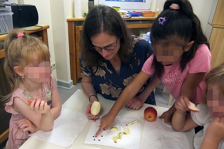 Erzieherin und Kinder beim Betrachten des Inneren eines Apfels
