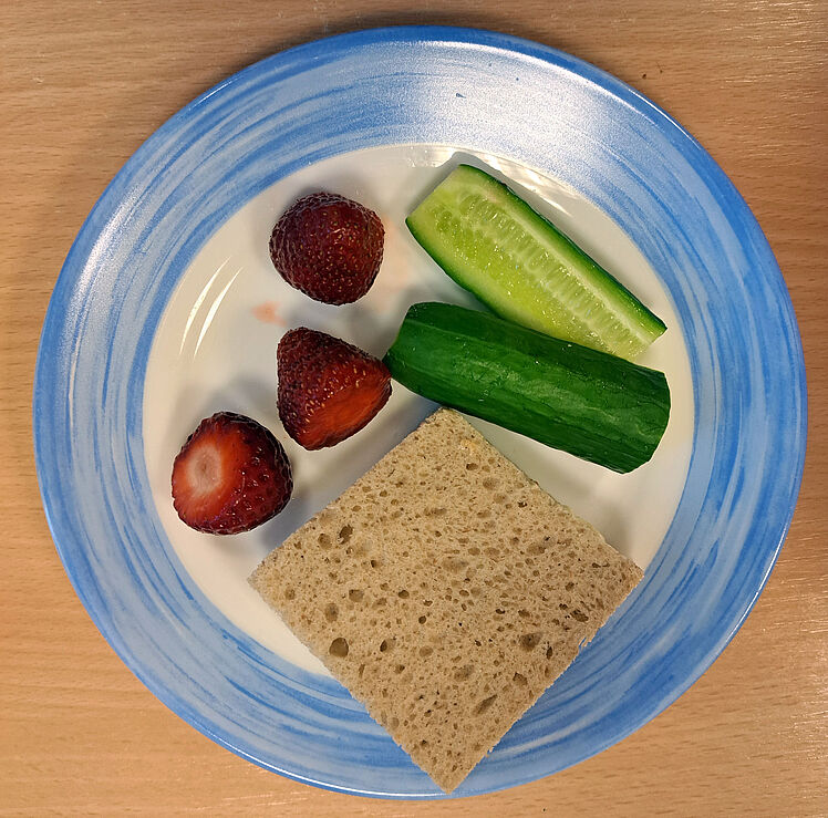 Teller mit blauem Rand, einer Scheibe Brot, Beeren, und Gurke