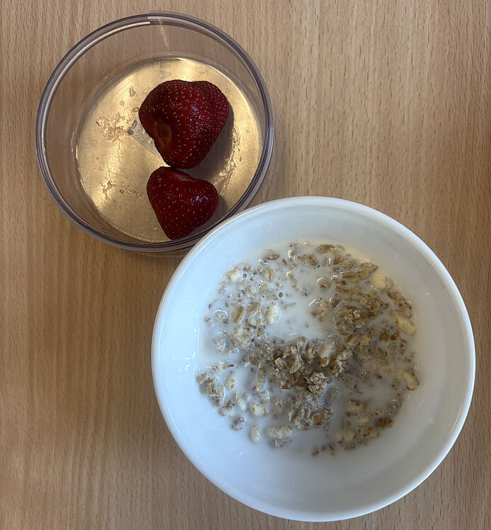 Zwei Schalen, eine mit Porridge, eine mit Obst