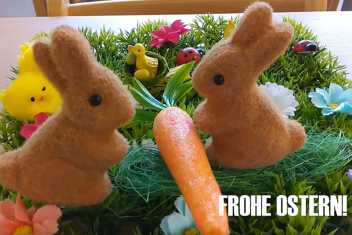 Osterhasen in Nest mit Ostergras, Schriftzug "Frohe Ostern!"